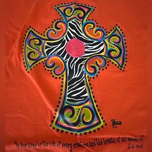 ✨Gildan Vibrant Orange Tee with Artistic Cross Design